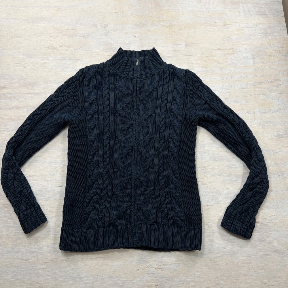 L.L. Bean Sweater Cable Knit Quarter Zip M 100% Cotton Navy Blue Mens 517893